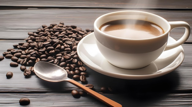 Hot coffee cup spoon and coffee seeds