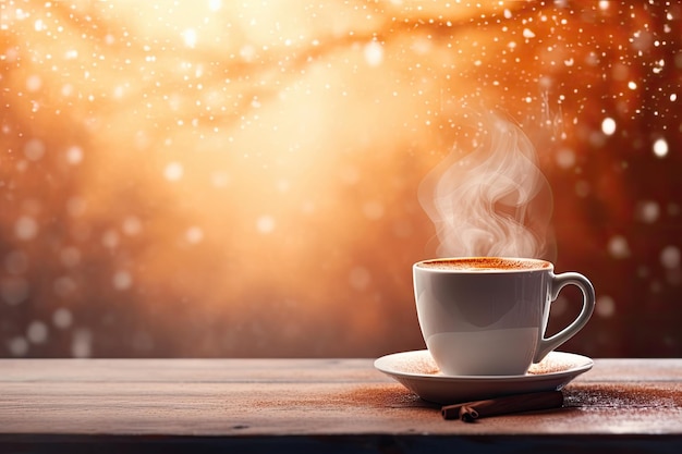 Hot Coffee Cup With Beans And Smoke On Wooden Table Background Winter Backdrop Christmas Bokeh