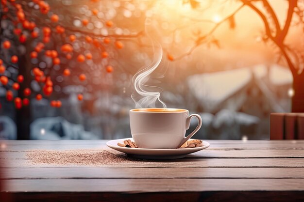 Hot Coffee Cup With Beans And Smoke On Wooden Table Background Winter Backdrop Christmas Decor