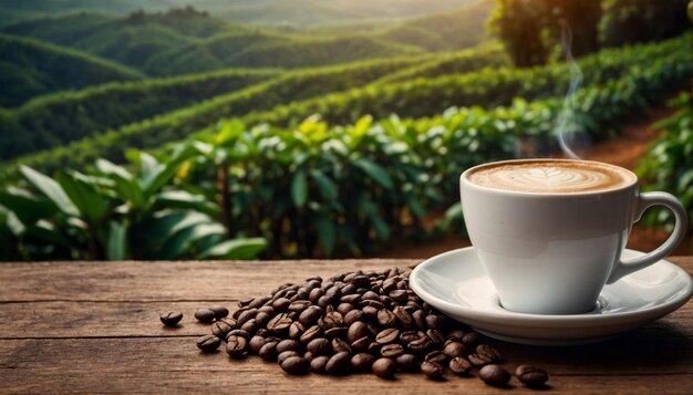 Hot Coffee cup with Coffee beans on the wooden table on the plantations background