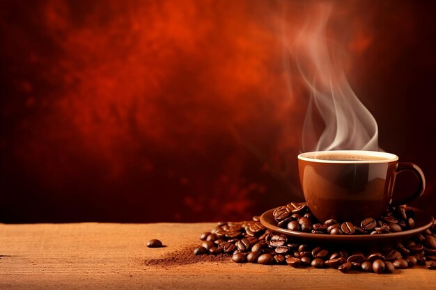 Горячий кофе в чашке с кофейными зернами