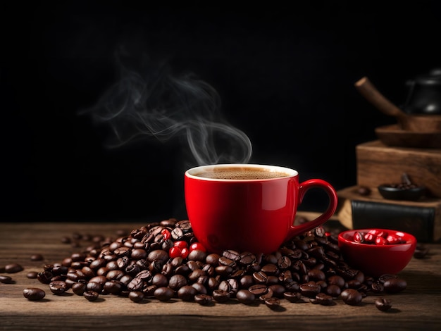 Hot coffee cup with fresh organic red coffee beans and coffee roasts on the wooden table