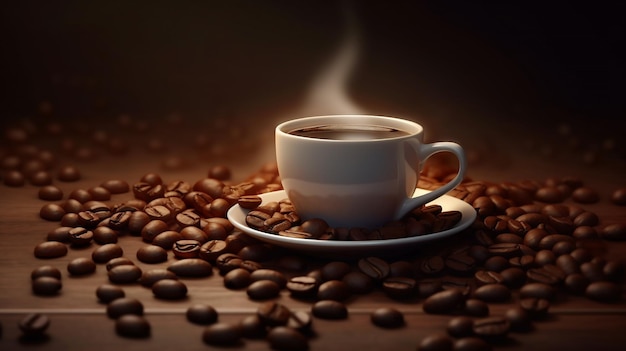 Hot coffee cup with roasted beans background Coffee grains illustration Generative AI