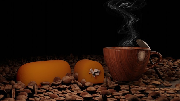 Hot coffee cup and yellow bread on table with twilight dark background 3D Rendering