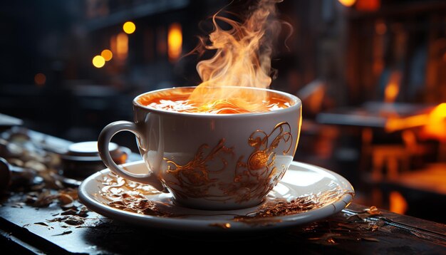 사진 인공지능에 의해 생성된 증기와 은 우유로 된 나무 테이블에 있는 뜨거운 커피 음료