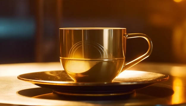 木製のテーブルの上にエレガントなマグカップに入ったホットコーヒー AI によって生成された蒸気の上昇