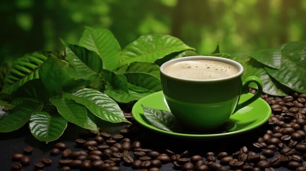 Hot coffee in a green jungle with lush foliage and tropical plants