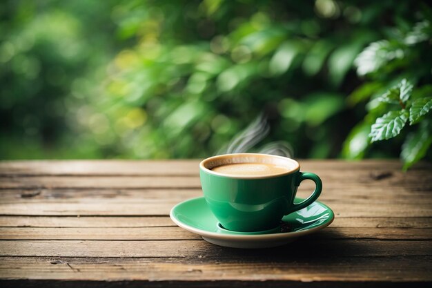 写真 古い木製のテーブルの上のカップに熱いコーヒーを昧な濃い緑色の自然背景のヴィンテージスタイルで