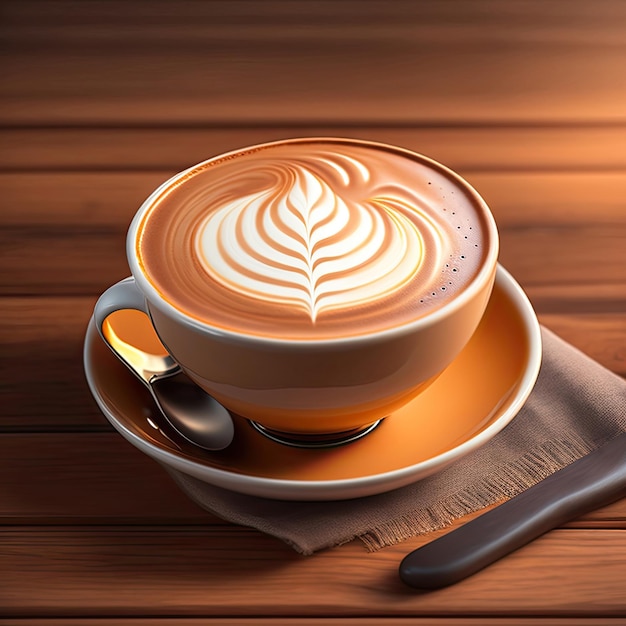 Hot coffee latte cappuccino cup with beautiful 'rosetta' latte art milk foam on rustic wood table ba