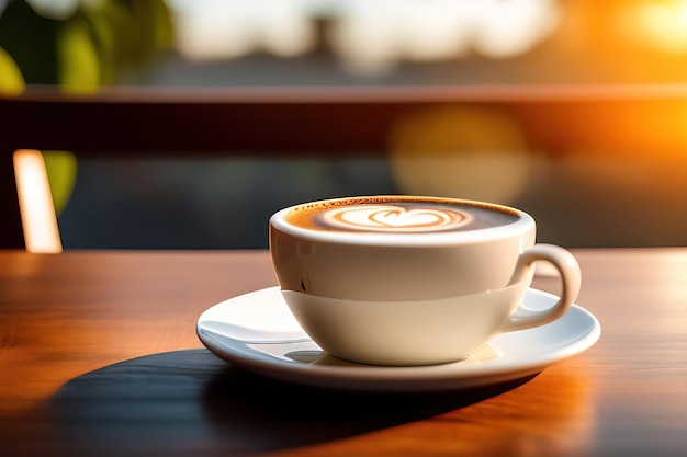 아침 햇빛이 비치는 밝은 나무 테이블에 귀여운 퍼그 개 라테 아트 우유 거품이 있는 뜨거운 커피 라테 컵