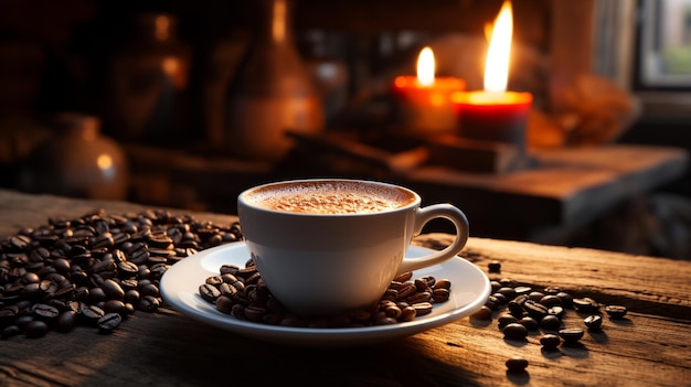 горячий кофе утром с кофейными зернами на столе