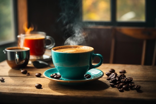 Hot coffee in the morning on wooden table