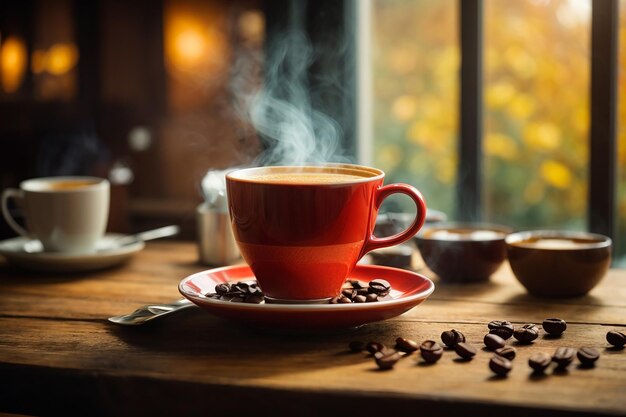 Hot coffee in the morning on wooden table