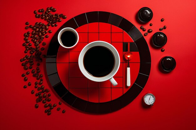 Foto tazza di caffè caldo su sfondo rosso con piatto