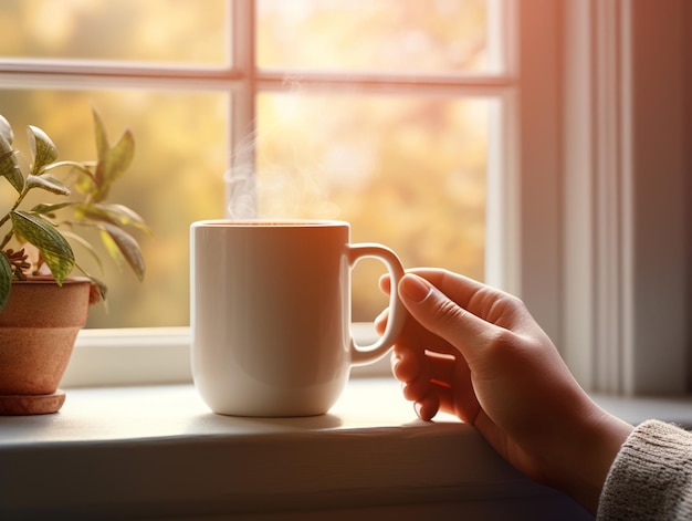 A hot coffee placed aside a small plant