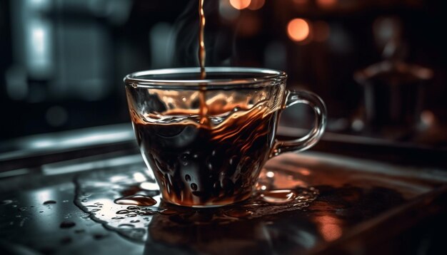 Горячий кофе наливают в пенистую кружку капучино, пар и отражение, созданное искусственным интеллектом