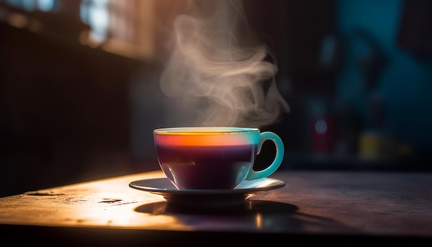 인공지능에 의해 생성된 어두운 방의 나무 테이블에서 뜨거운 커피 증기가 상승합니다.