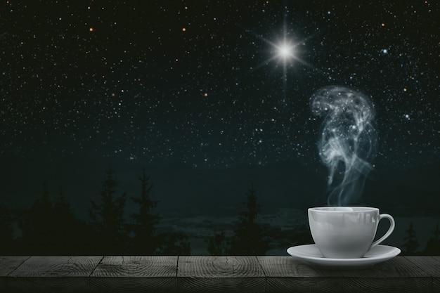 Hot coffee on the table in night