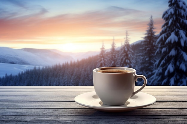 Hot coffee on the table on a winter background