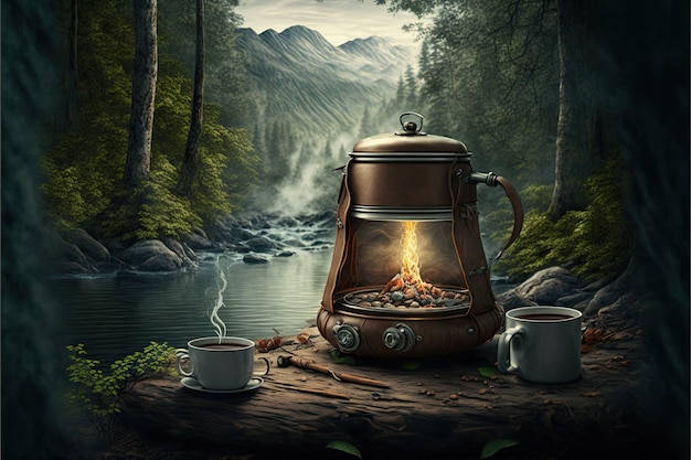 Hot coffee on the table with tent background forest Made by AIArtificial intelligence