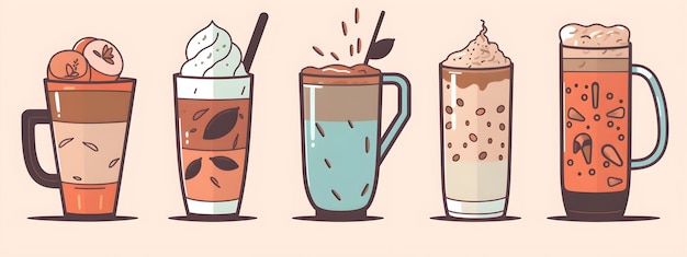 Premium AI Image  Three different drinks in a row with one being a  milkshake and a cup of coffee.
