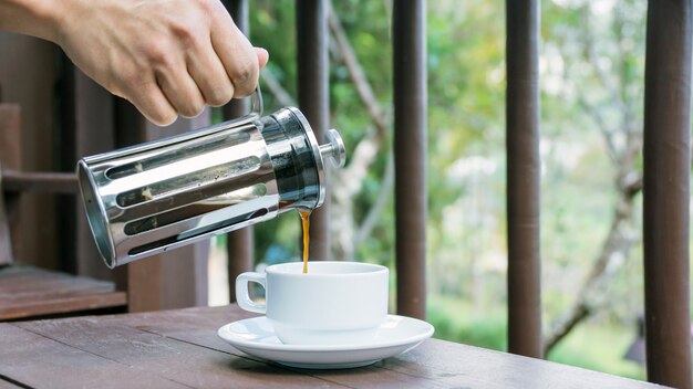 Hot coffee was brewed at a terrace.