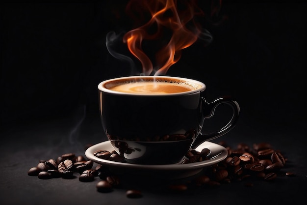 hot coffee whit mog in black background