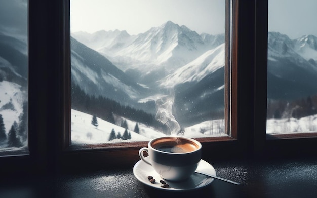 Hot coffee on the window sill Outside the window was a view of snowy mountains In the winter