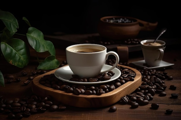 Hot coffee with coffee beans on wood table