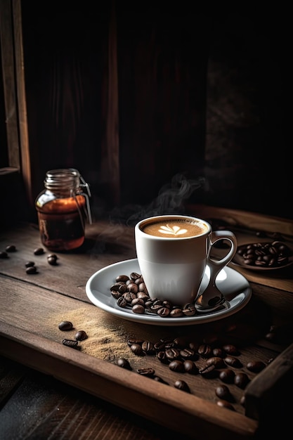 Hot coffee with coffee beans on wood table