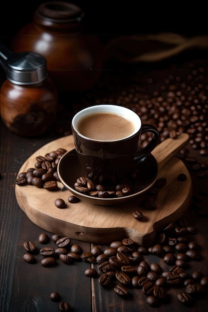 나무 테이블 에 있는 커피 콩 을 넣은 뜨거운 커피