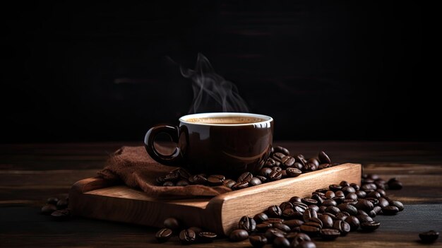 Hot coffee with coffee beans on wood table