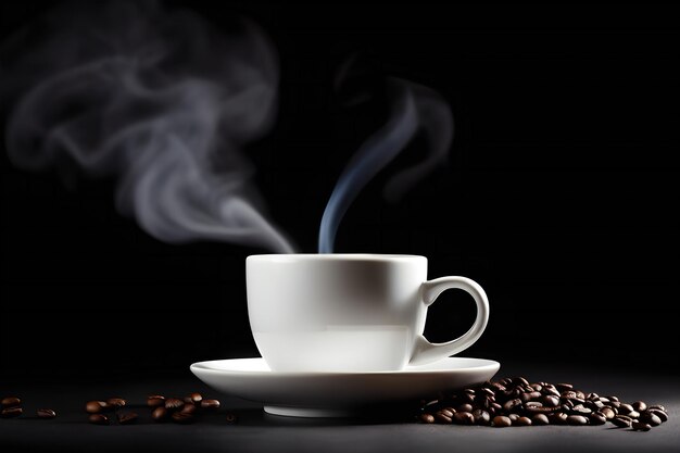 Photo hot coffee with little smoke in white cup isolated on black background