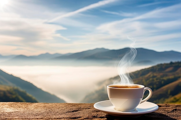 写真 青い空の下で朝の熱いコーヒーと煙