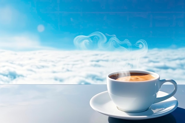 Hot coffee with smoke in the morning under blue sky