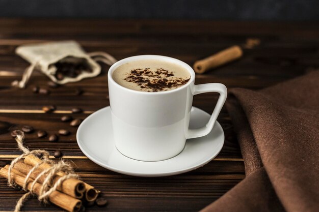 hot coffee on wooden table