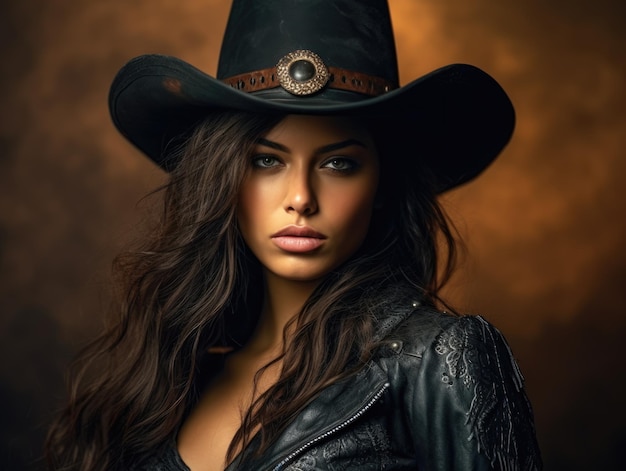 Hot cowgirl in cowboy hat and leather pants wild west