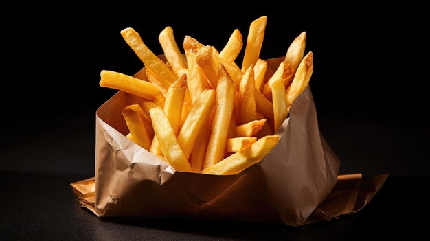 Hot crispy fries in a paper bag on a sleek black background Tempting American fast food at its best