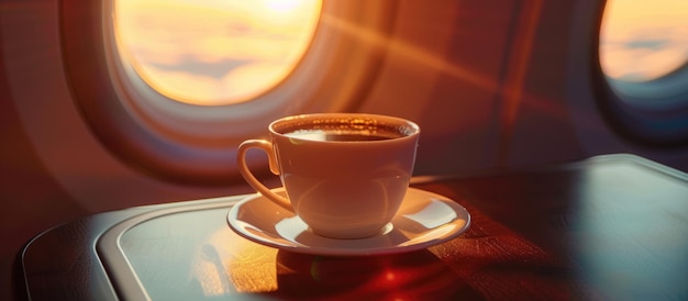 Hot cup of black coffee placed on a table in an airplane cabin