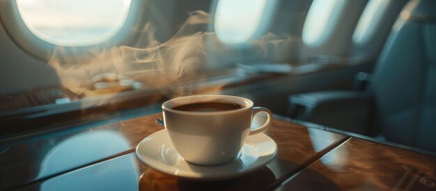 Hot cup of black coffee placed on a table in an airplane cabin