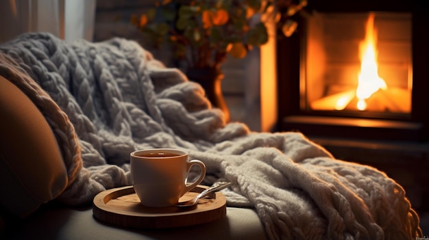 Photo hot cup of coffee by the fireplace