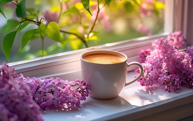 뜨거운 커피 한 잔은 태양이 빛나는 동안 향기로운 라일락 꽃 에 창문 앞에 있습니다.