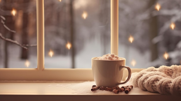사진 겨울에 창  ⁇ 에 앉아있는 미니 마시멜로와 함께 뜨거운 카카오 컵 ai 생성 일러스트레이션