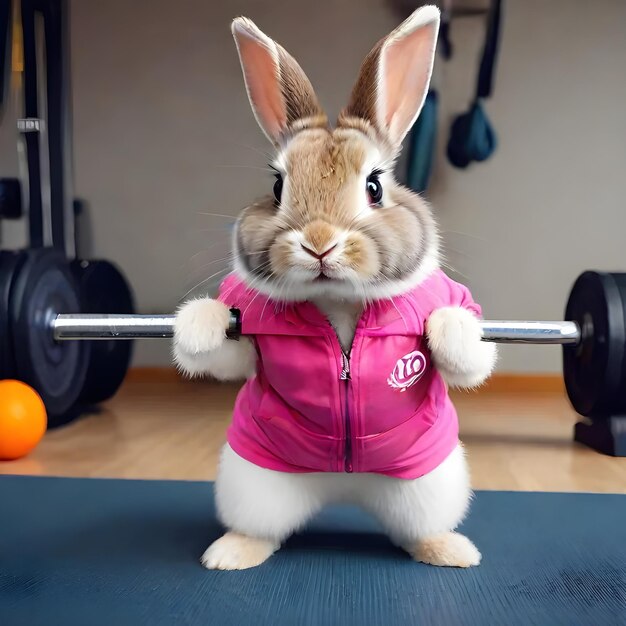 Hot cute little bunny rabbit wearing workout clothes exercising gym