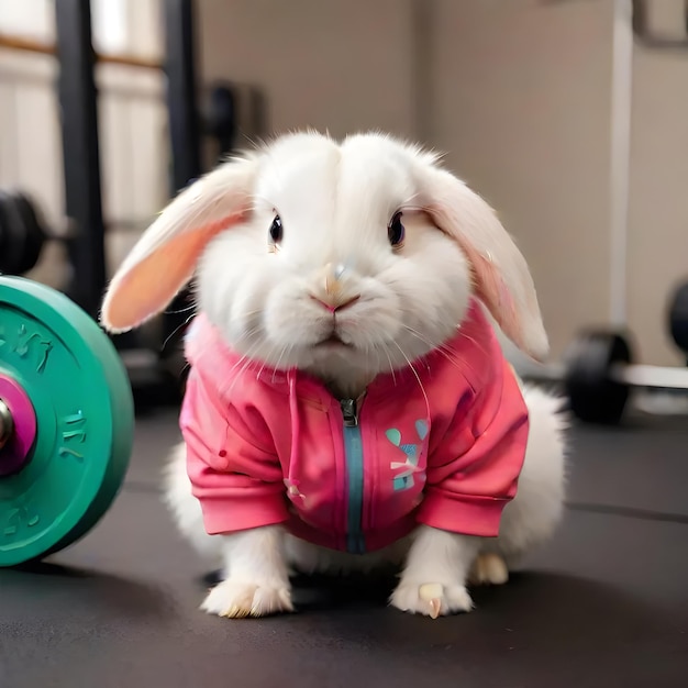 熱い可愛い小さなウサギはトレーニング服を着てジムを練習しています