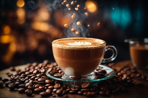 Hot delicious aromatic cappuccino coffee in a glass transparent cup on a background of coffee beans