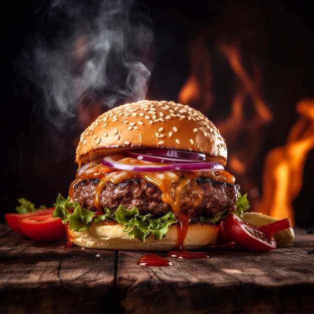 Photo hot and delicious burger closeup shot in center with fire and smoke in background