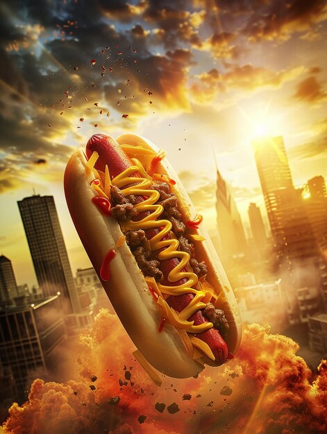 Hot Dog Ascending in a Fiery Urban Sunset