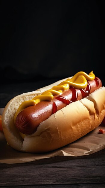 A hot dog on a bun with ketchup and mustard generative AI