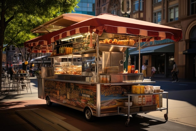 Hot dog cart on a busy street Anxious crowd tempting steam generative IA